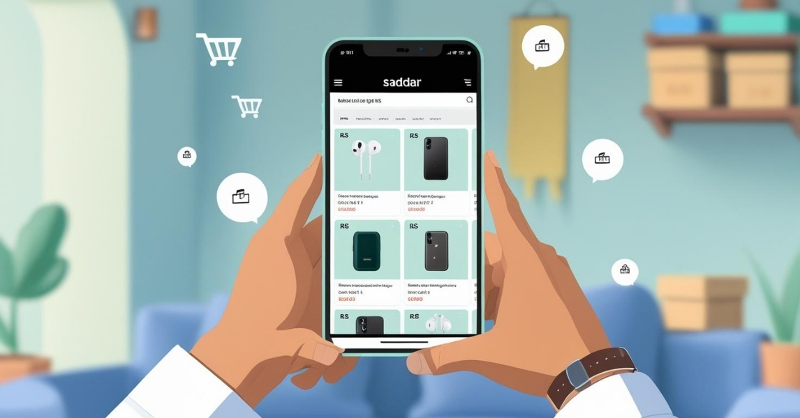 Retailer using Saddar on smartphone in Karachi shop to buy wholesale mobile accessories.