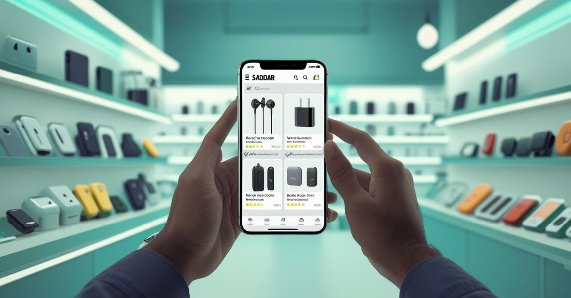 Retailer purchasing mobile accessories through Saddar on their smartphone.