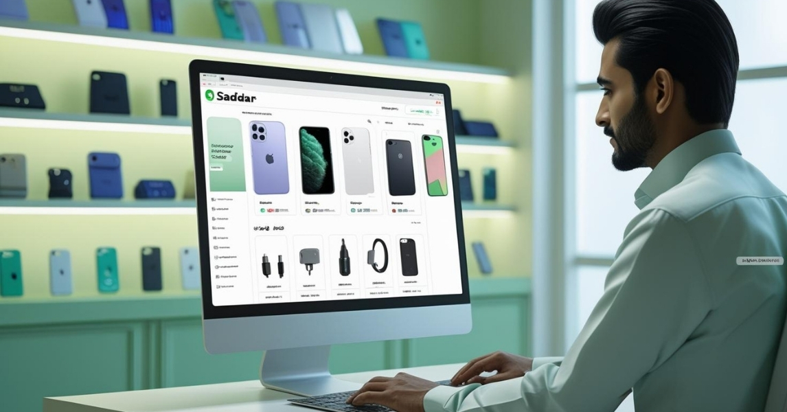 Mobile shop owner browsing Saddar to purchase wholesale mobile accessories.