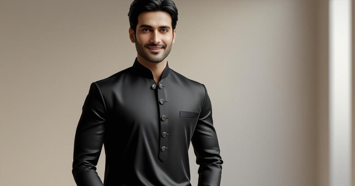 Pakistani male model wearing a black shalwar kameez, standing in a minimalist retail setting with natural lighting, showcasing the elegance and style of the traditional outfit