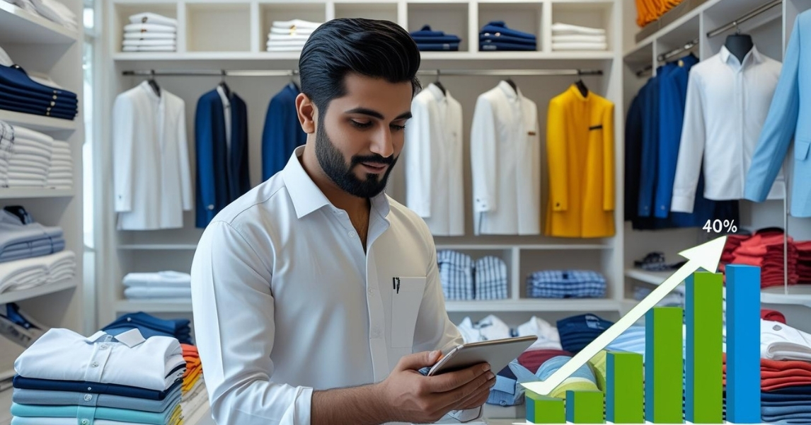 Pakistani clothing store owner browsing Saddar to buy clothes at wholesale prices.