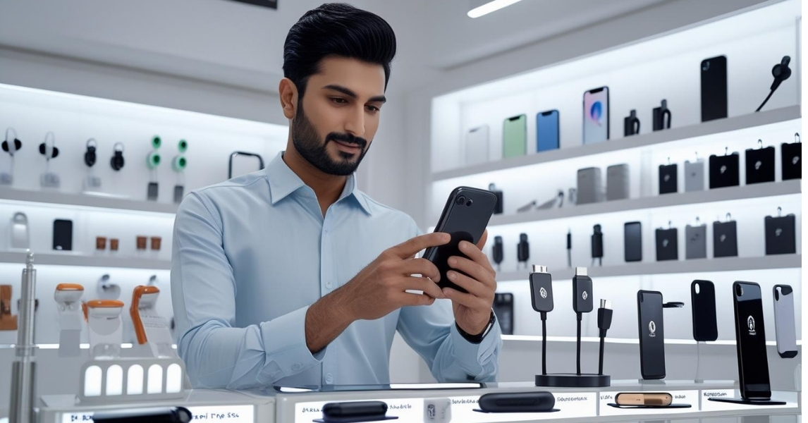 Pakistani retailer buying mobile accessories at wholesale prices from Saddar App.