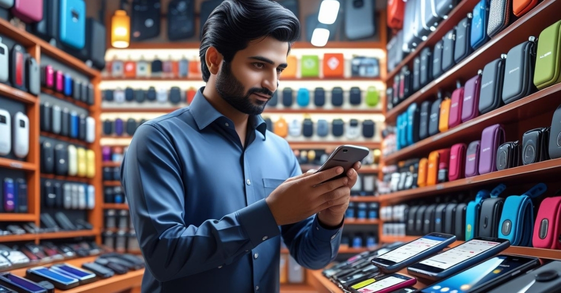 Retailer browsing Saddar to purchase mobile accessories at wholesale prices.