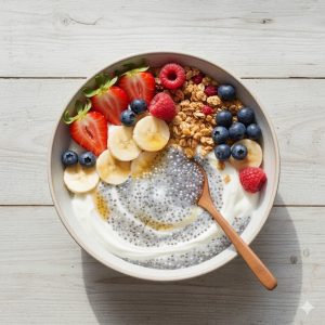Chia seeds in yogurt bowl with fruits