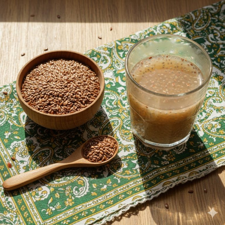 Flax Seeds in Pakistan — organic flax seeds in bowl and spoon with flaxseed drink