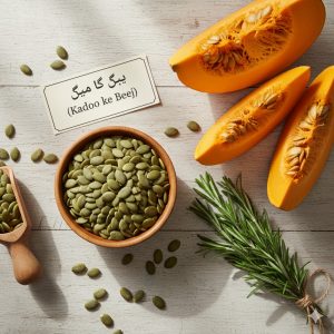 Fresh pumpkin cut open with seeds displayed, Urdu text label saying ‘کدو کے بیج’, natural lighting, white background.