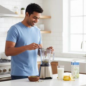 Man using pumpkin seeds in smoothie for men’s health benefits.