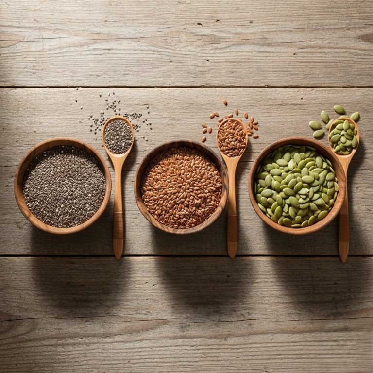 Organic chia, flax, and pumpkin seeds on a wooden table representing health benefits.