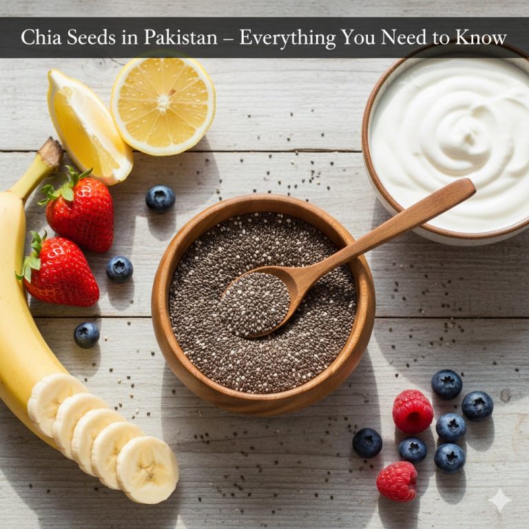 Chia seeds in Pakistan with yogurt and fruits on a wooden kitchen table