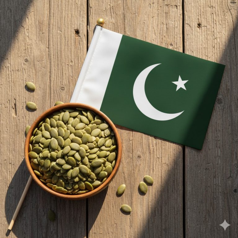 Organic pumpkin seeds in a wooden bowl – showing current pumpkin seeds price in Pakistan.