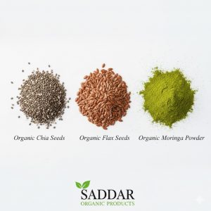 Organic superfoods like chia, flax, and moringa from Saddar.com.pk