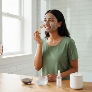 Woman using chia seed face mask to show chia seeds benefits for skin.