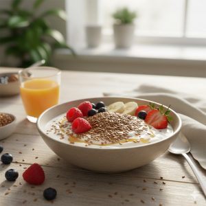 Yogurt bowl with ground flax seeds showing flax seeds benefits for weight loss