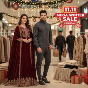 11.11 sale Pakistan 2025 clothing discounts featuring cap shawl maxi and zipper highneck track suit.