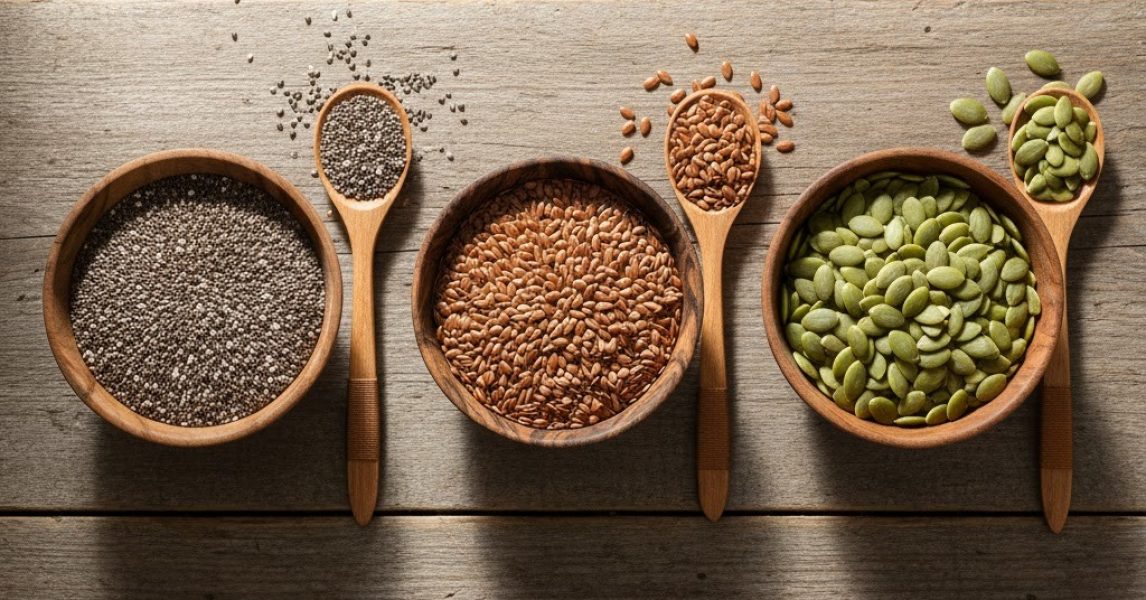 Organic chia, flax, and pumpkin seeds on a wooden table representing health benefits.