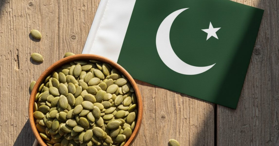 Organic pumpkin seeds in a wooden bowl – showing current pumpkin seeds price in Pakistan.